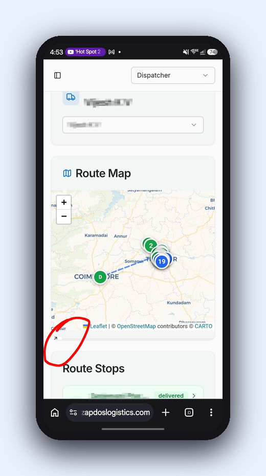 Driver route map on mobile